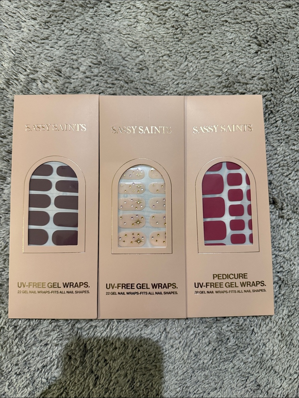 UV-Free Gel Nail Wraps - Neutral Brown, Nude with Gold Accents & Deep Pink